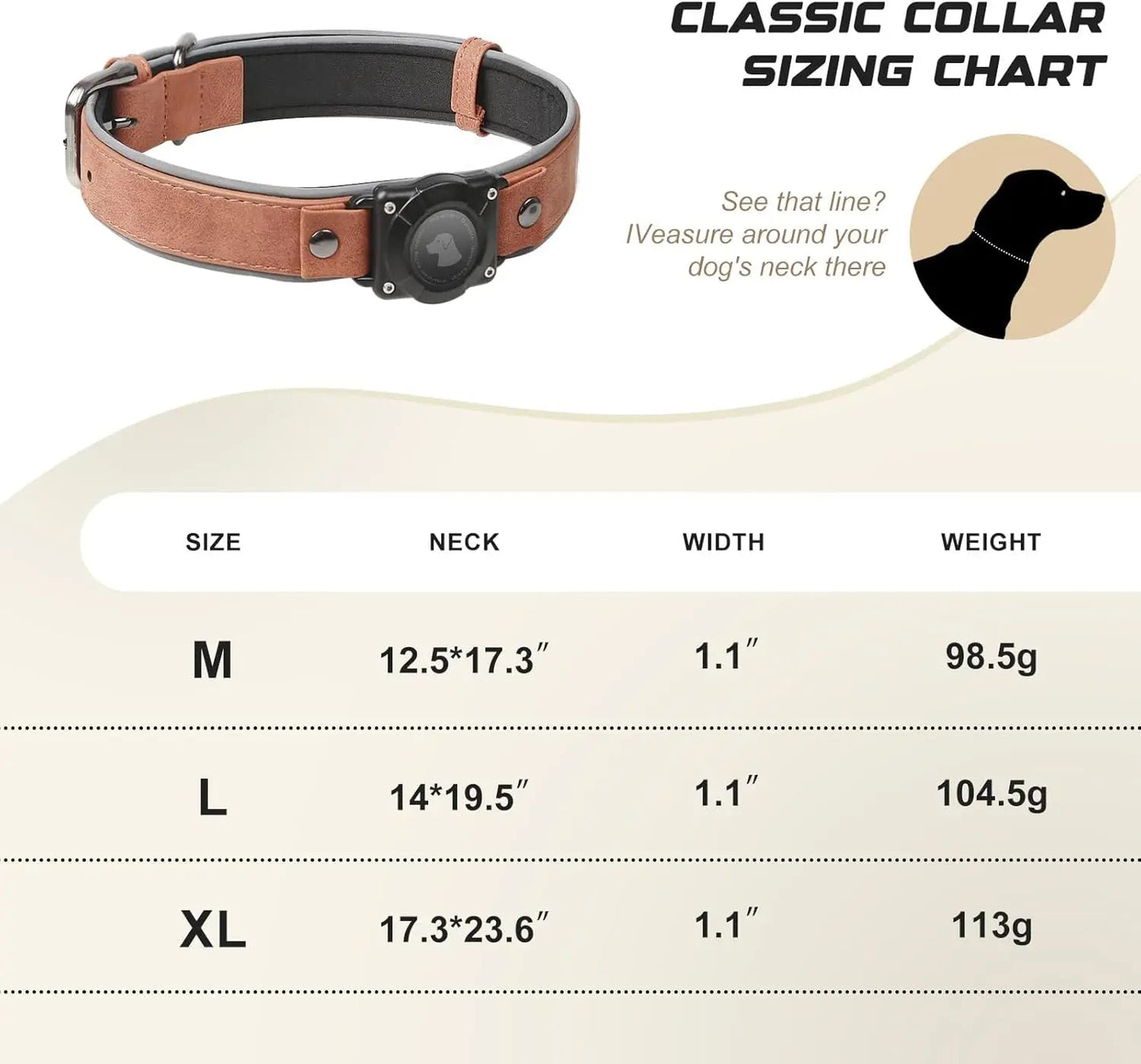Leather AirTag Dog Collar with Built-In Holder, Reflective Adjustable Design