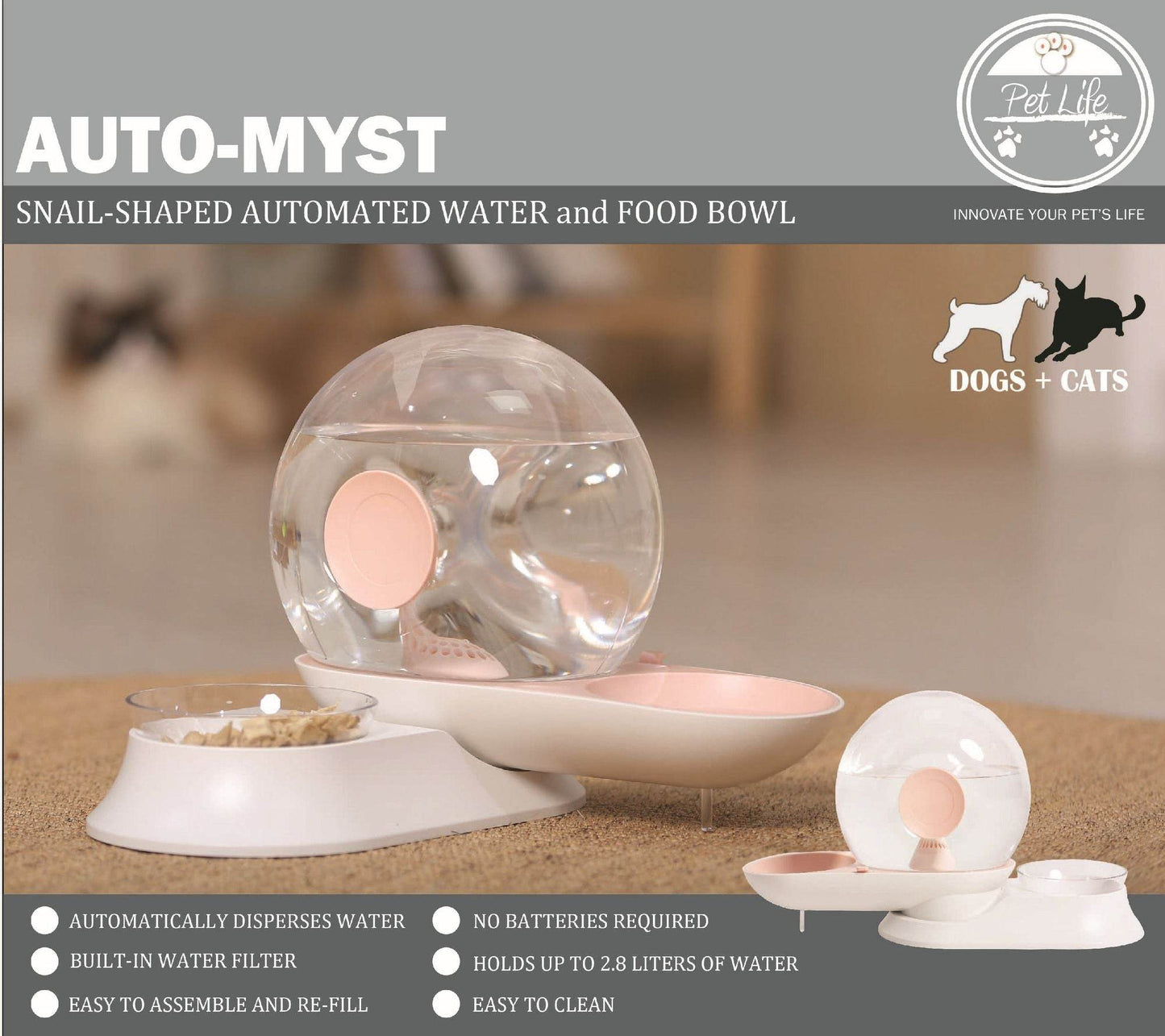 Auto-Myst Automatic Gravity Pet Water Dispenser Filtered Food Bowl 2.8L